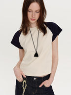 fano Stretch Cotton Loose Raglan Crew Korean Office Women Beige Short Sleeve T-Shirts