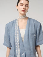 audreyyang Pure Linen Lightweight Relaxed Fit Lace Detail Commuter Women Wide Leg Pants