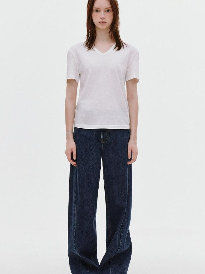 fano Deep Blue Natural Waist Relaxed Casual Zip Fly No Stretch Wide Leg Jeans