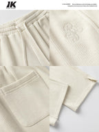 ikyou Embroidered High Waist Minimalist Office Beige Elastic Waist Wide Leg Pants