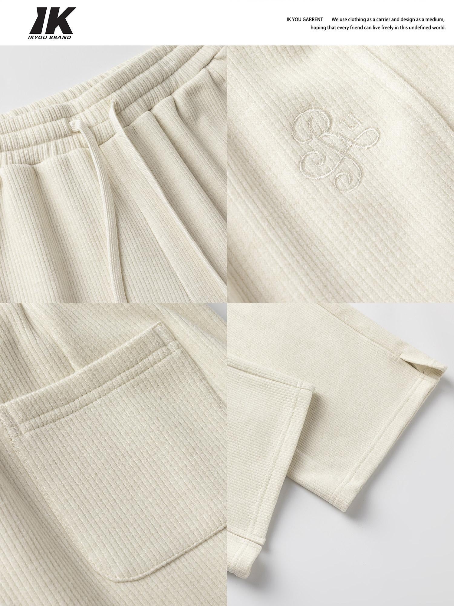 ikyou Embroidered High Waist Minimalist Office Beige Elastic Waist Wide Leg Pants