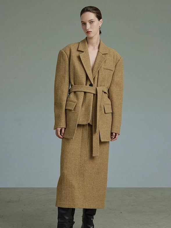 unspoken Wool Single Button Notched Lapel Loose Fit Rice Yellow Young Women Blazers