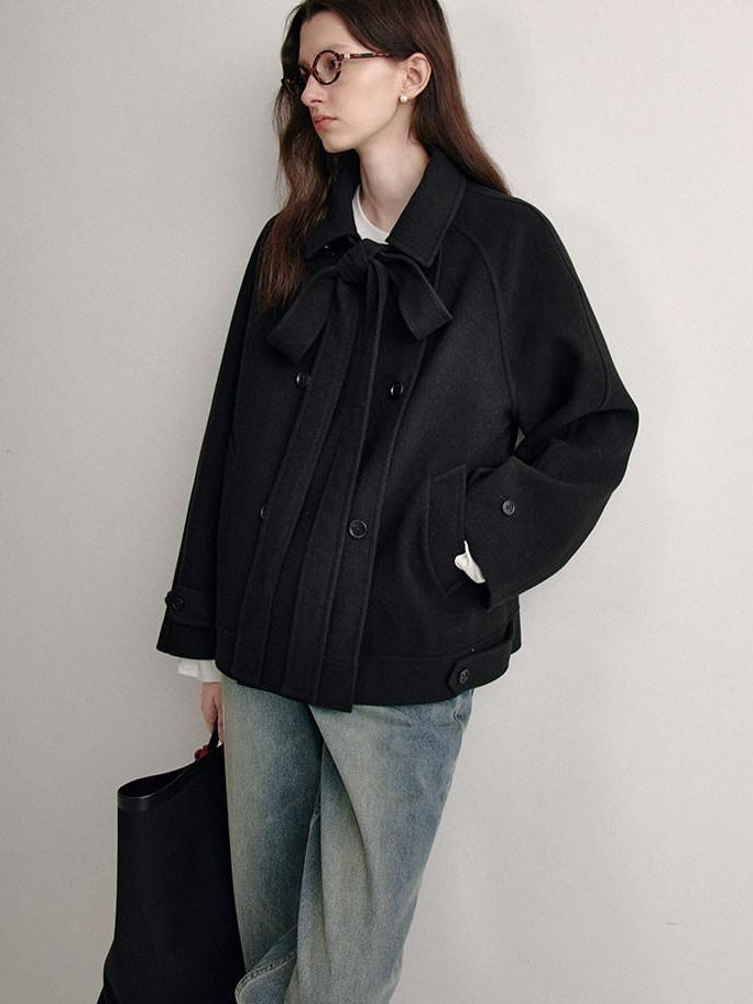 fano Elegant Double Breasted Bow Minimal Straight Fit Black Women Short Coat