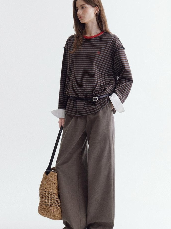 fano Comfort Cotton Stretch Striped Korean Loose Fit Women Long Sleeve T-Shirts