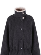 fano Warm Wool Blend Relaxed Stand Collar Drawstring Women Black Gray Short Coat