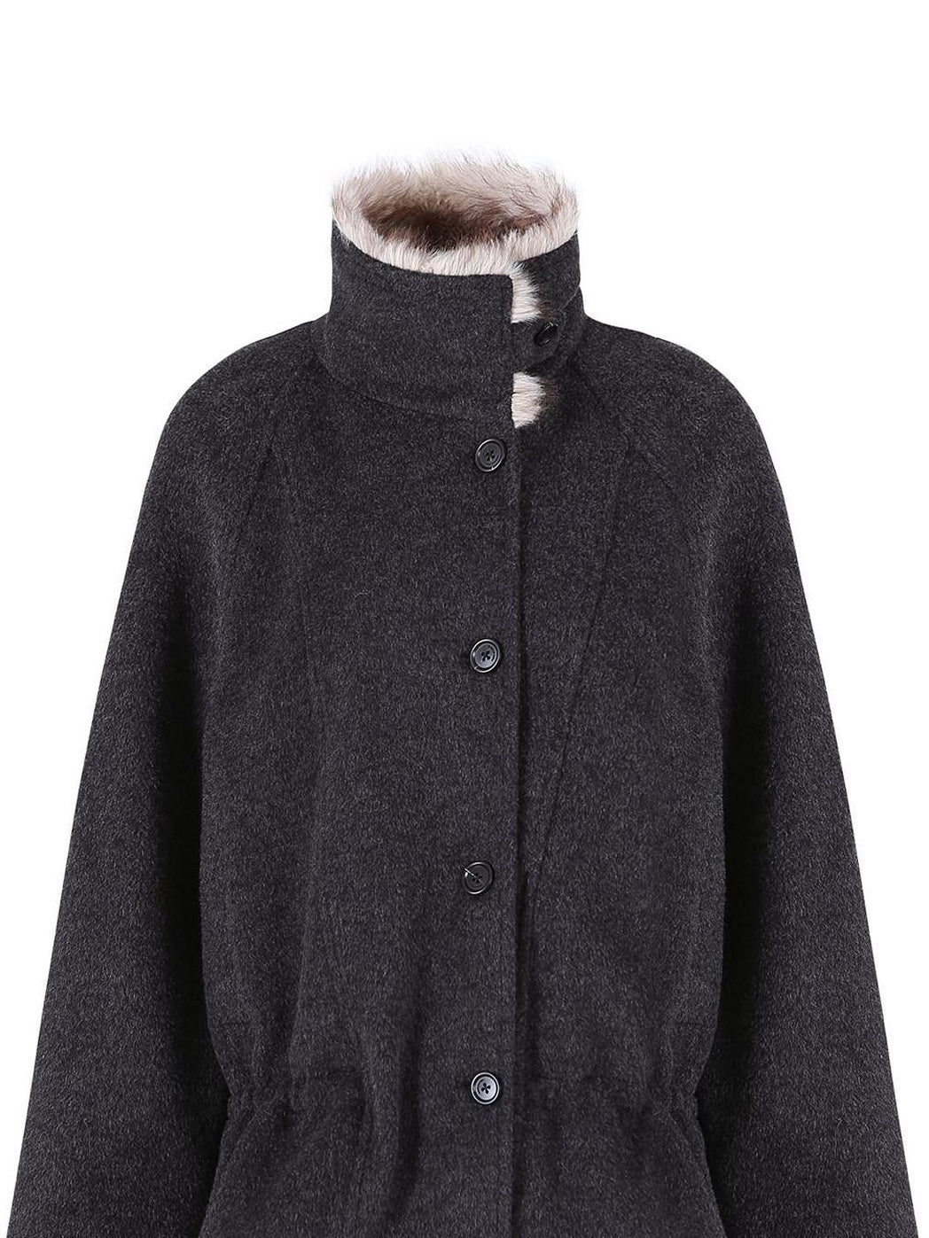 fano Warm Wool Blend Relaxed Stand Collar Drawstring Women Black Gray Short Coat