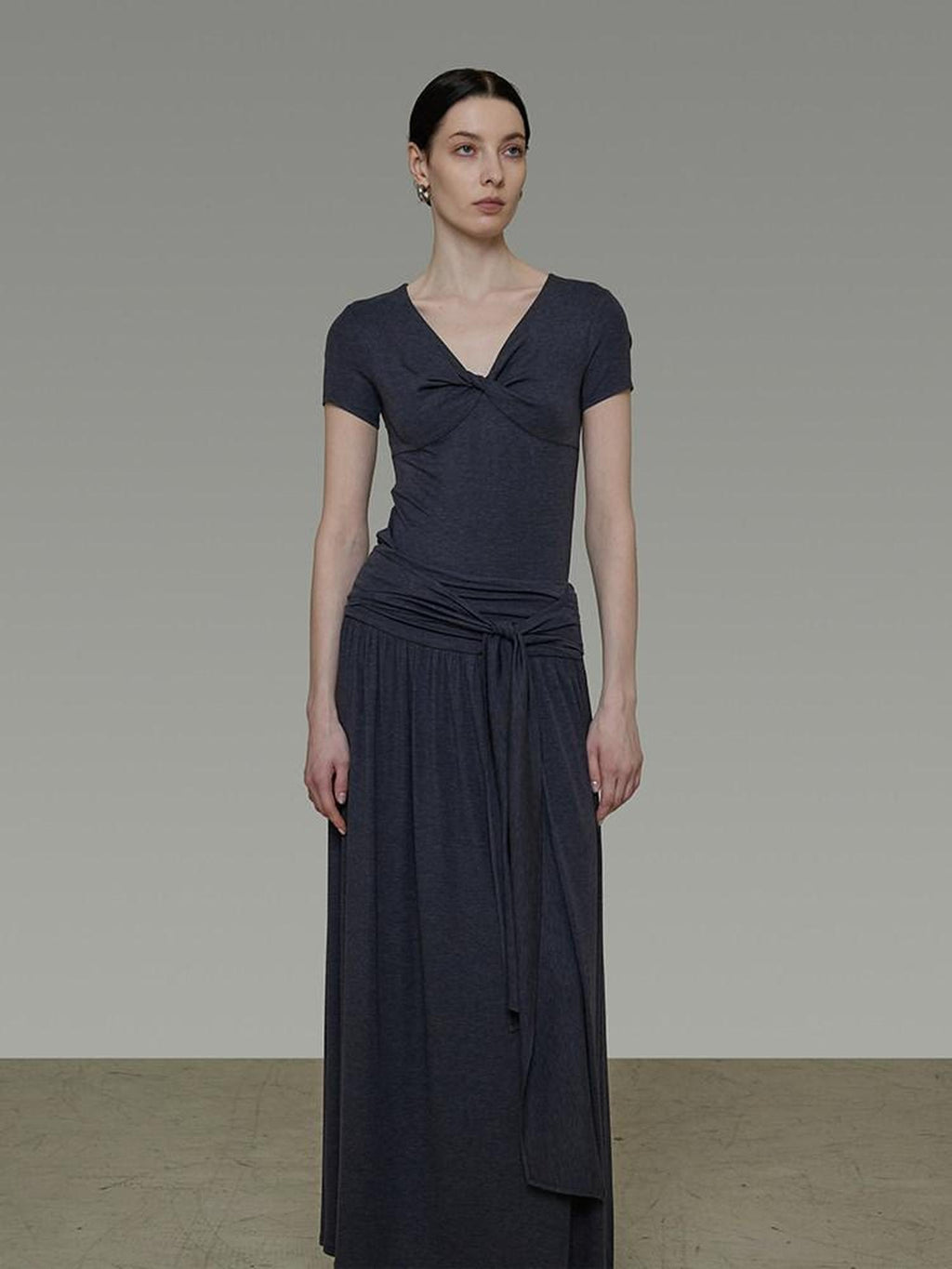 unspoken Lyocell Blend V-neck Slim Fit Minimal Workwear Women Solid Color Maxi Dresses
