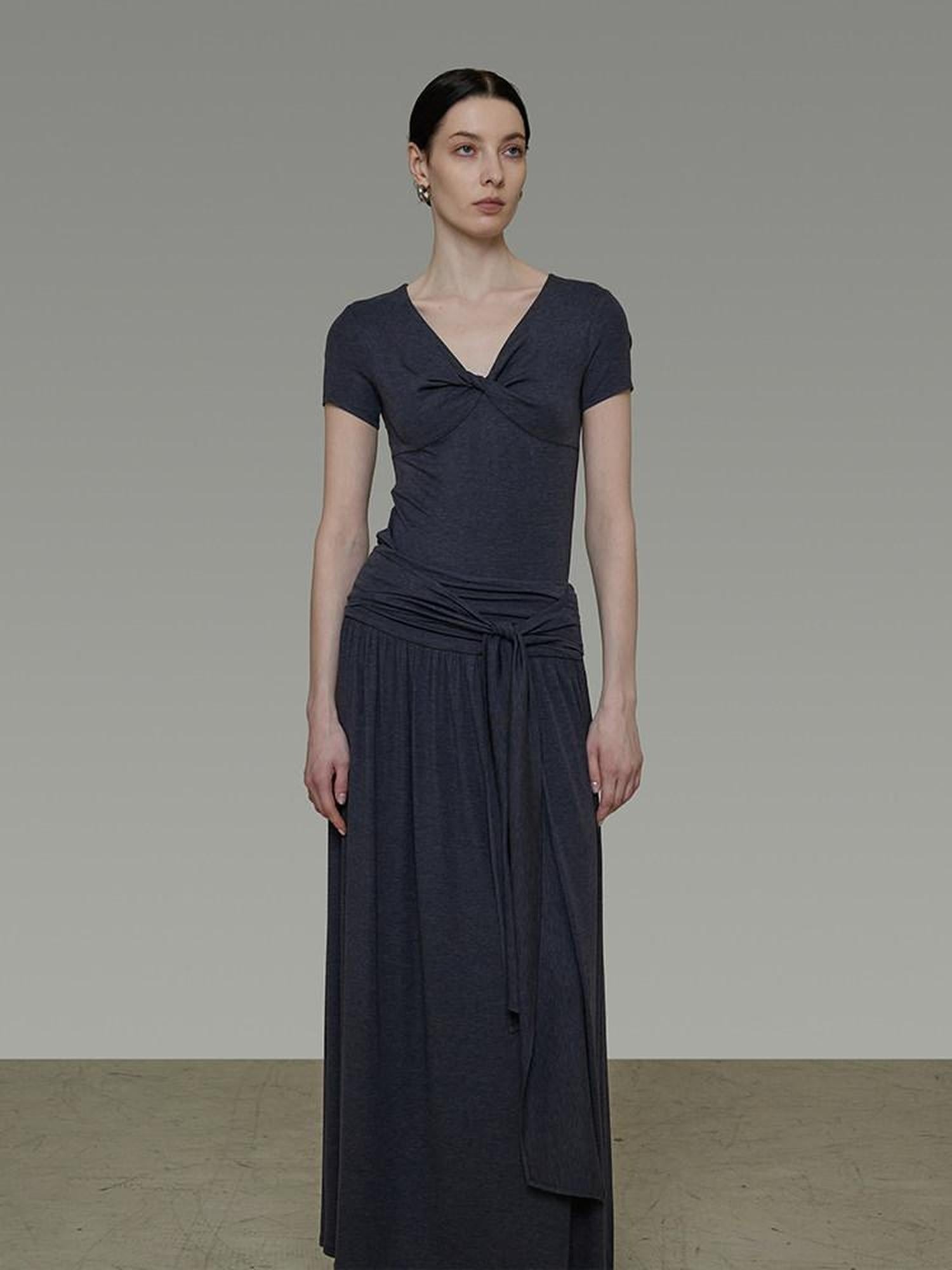 unspoken Lyocell Blend V-neck Slim Fit Minimal Workwear Women Solid Color Maxi Dresses