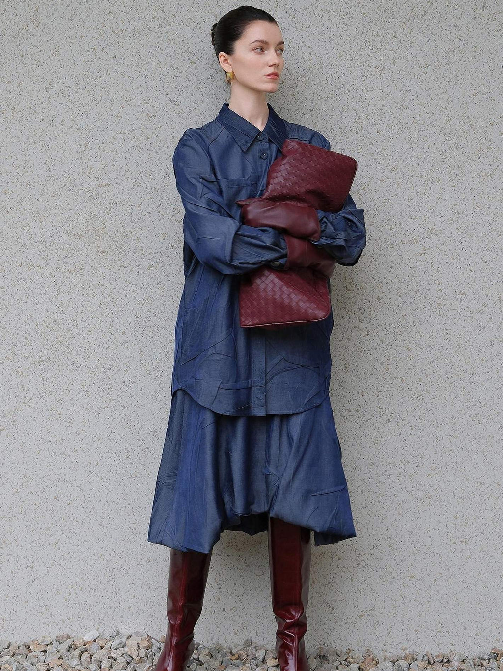 audreyyang Original Loose Pleated Faux Denim Collared Long Sleeve Girls Top & Skirt Sets