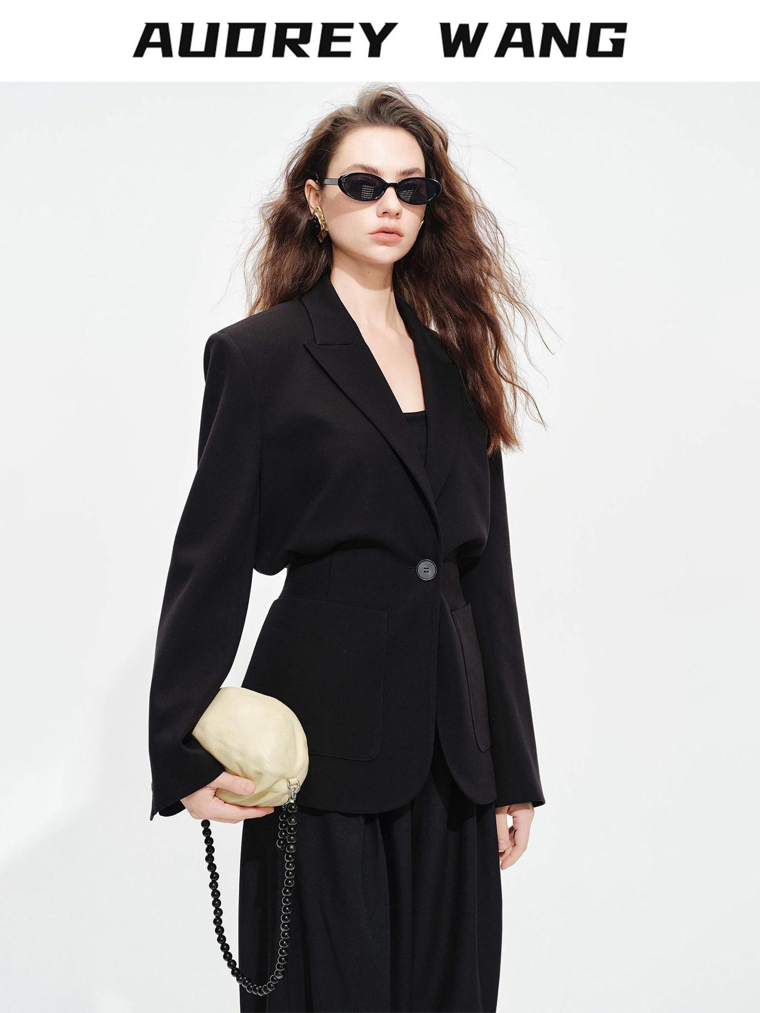 audreyyang Oversized Cinched Waist Short Notch Lapel One Button Black Polyester Blazers