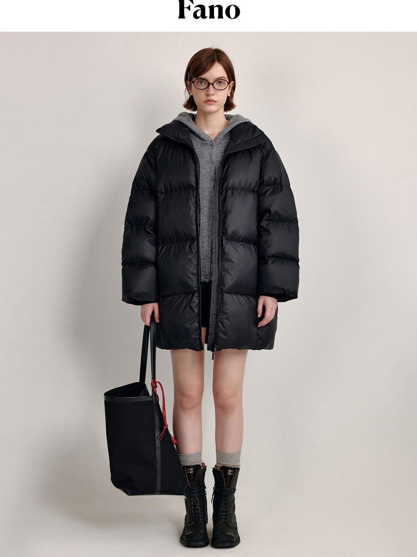 fano 90% White Duck Minimal Straight Stand Collar Black Nylon Zipper Down Jackets