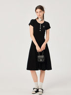ikyou Soft Stretch Cotton Cinched Waist A Line U Neck Short Sleeve Black Maxi Dresses
