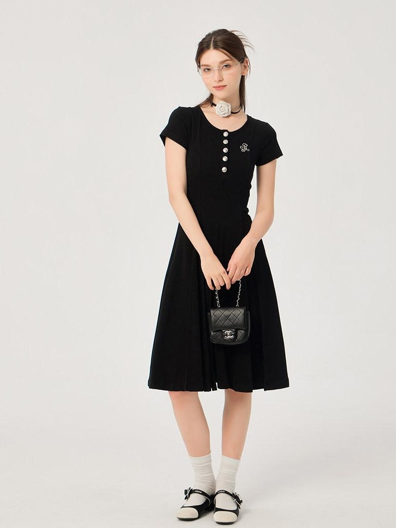 ikyou Soft Stretch Cotton Cinched Waist A Line U Neck Short Sleeve Black Maxi Dresses
