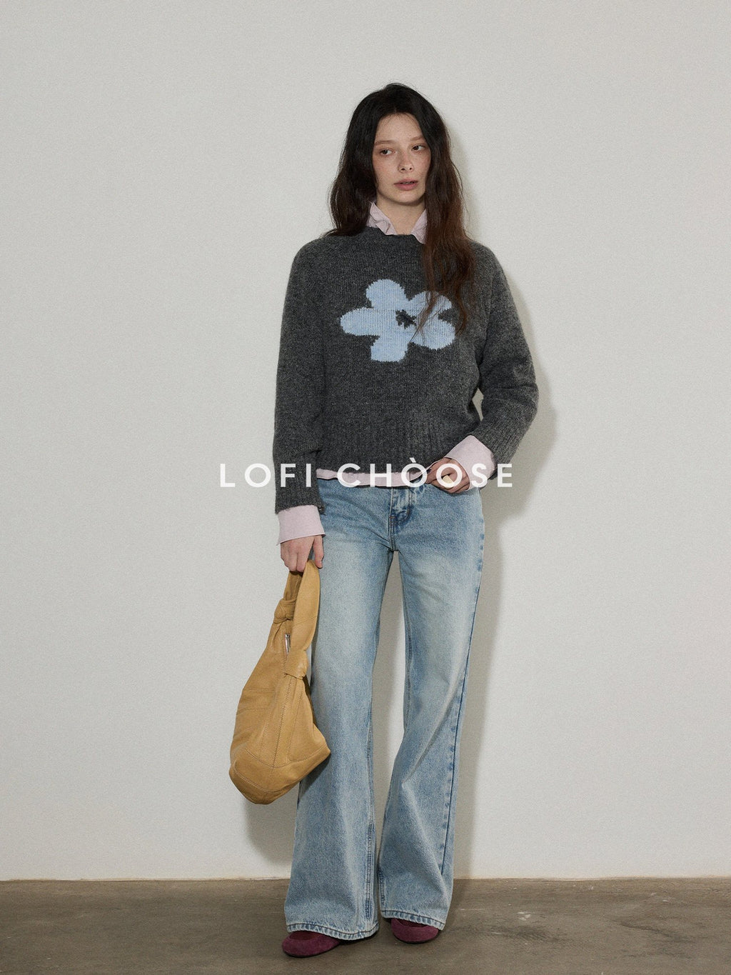 Lofi choose Office Ready Loose Pullover Crewneck Women Floral Knit Wool Blend Sweaters