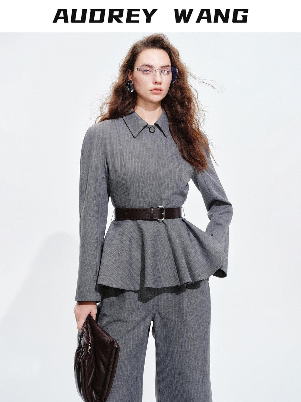 audreyyang Shape Retaining Cinched Waist Herringbone Lapel Women Wool Blend Cropped Jackets