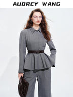 audreyyang Shape Retaining Cinched Waist Herringbone Lapel Women Wool Blend Cropped Jackets