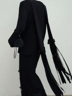 audreyyang Slim Minimal Office Crew Neck Long Sleeve Acetate Blend Black Cropped Jackets