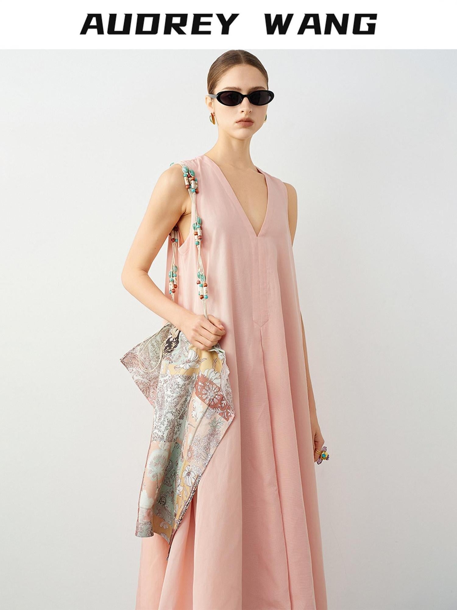 audreyyang Linen Blend V-neck Sleeveless A Line Casual Pink Maxi Dresses