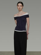 unspoken Viscose Blend Contrast Slim Fit Commuter Women Bardot Off Shoulder Crop Tops