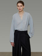 unspoken Breathable Lace V-neck Loose Fit Office Women Button Long Sleeve Blouses