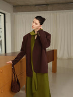 audreyyang Original Loose Fit Herringbone Wool Collarless Open Front Casual Women Blazers