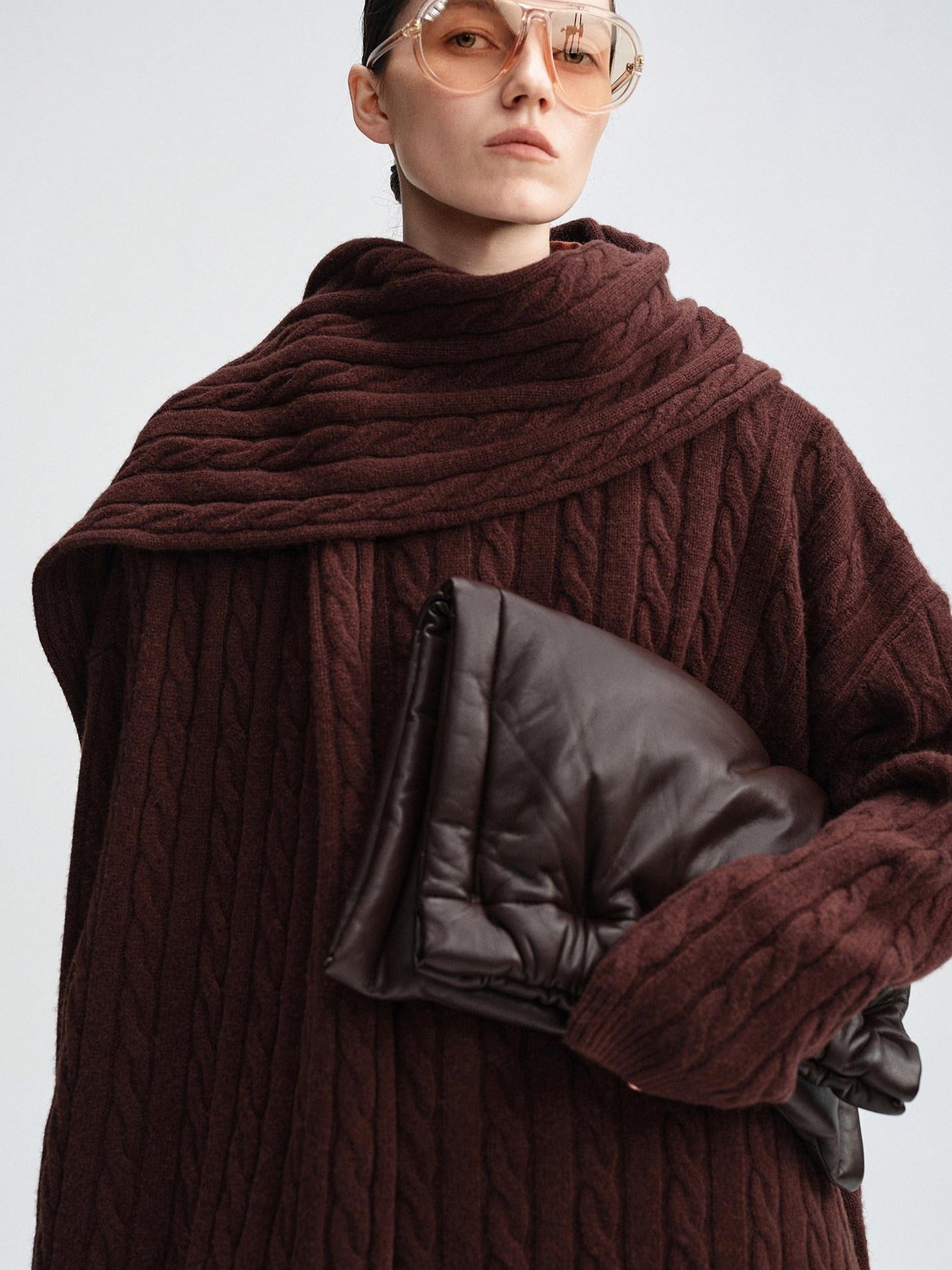 audreyyang 100 Percent Sheepswool Thick Vintage Loose Built In Scarf Women Knit Sweaters