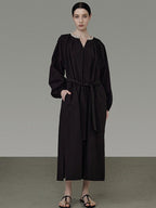 unspoken Cotton Loose Waist Minimalist V-neck Long Sleeve Casual Black Maxi Dresses