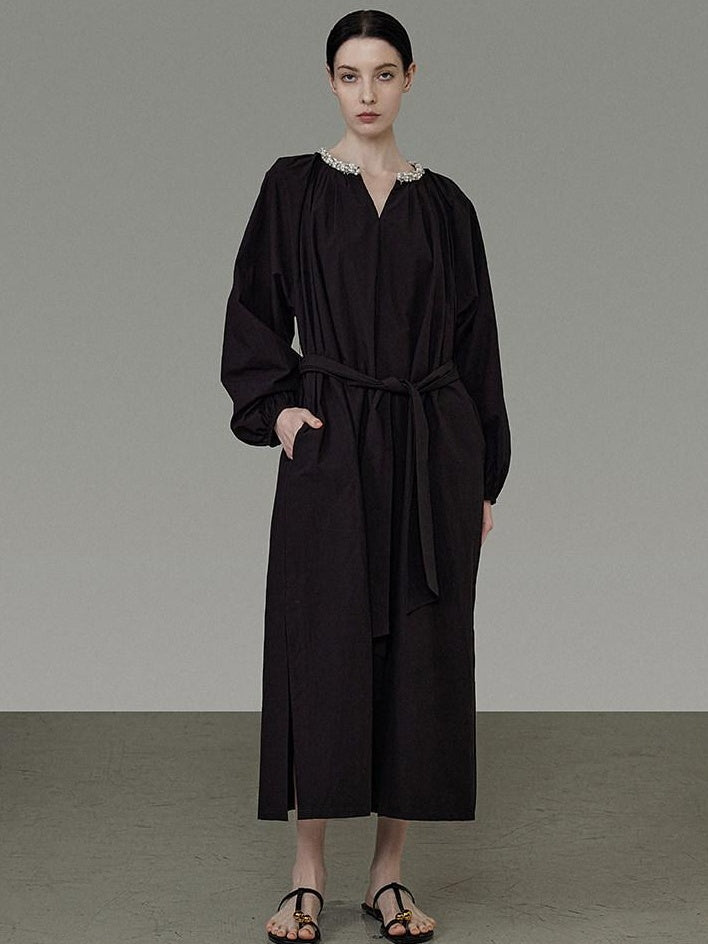unspoken Cotton Loose Waist Minimalist V-neck Long Sleeve Casual Black Maxi Dresses