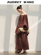 audreyyang Linen Long Sleeve Retro Loose Round Neck Women Ankle Pants Top & Skirt Sets