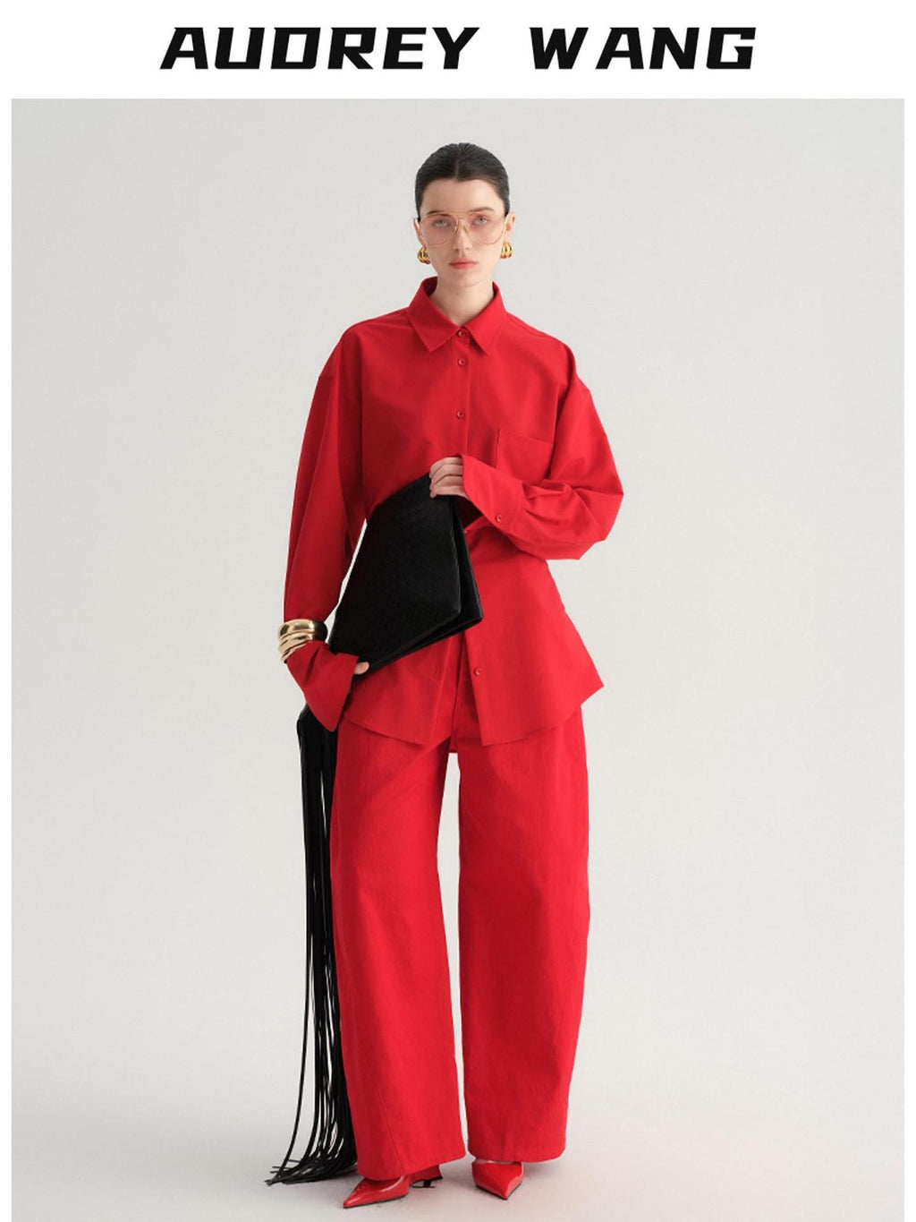 audreyyang High Waist Pure Cotton Pockets Relaxed Fit Women Solid Wide Leg Pants