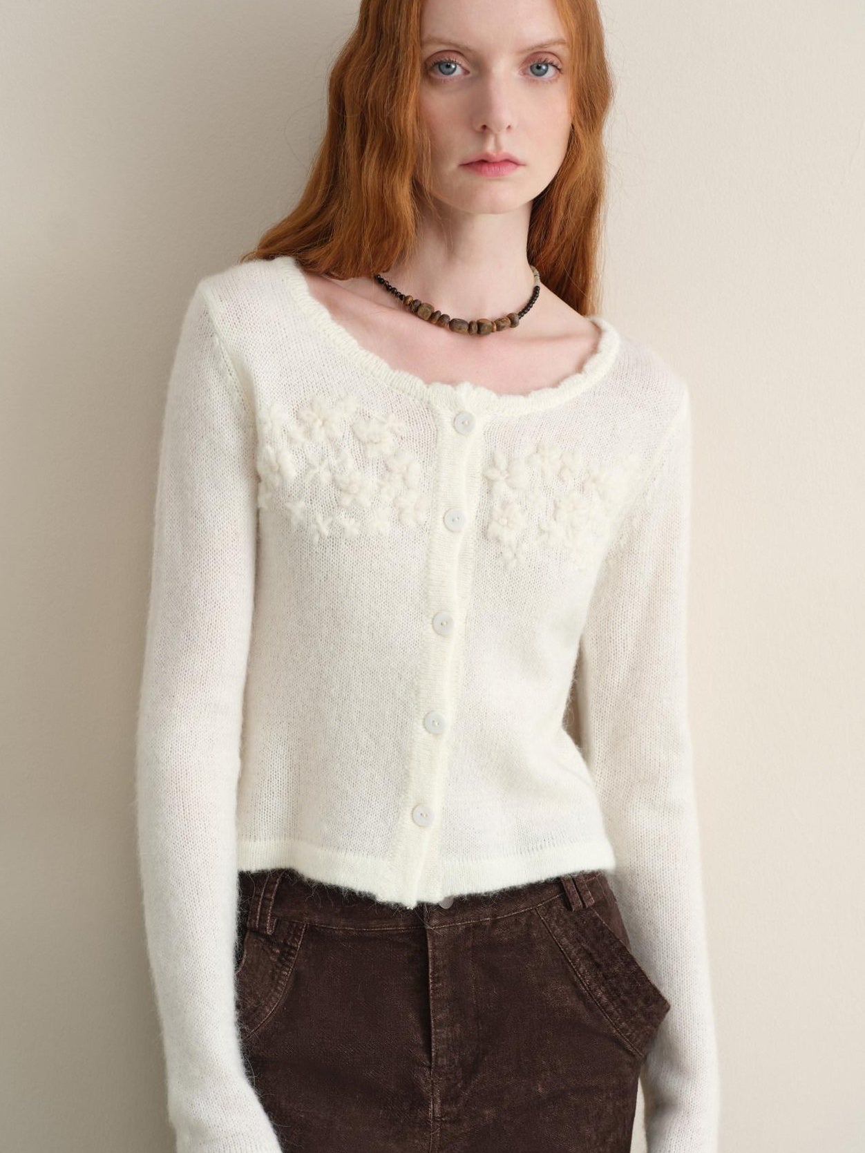 someonesometimes Hand Crochet Wool Floral Scallop Edge Casual Crewneck Button Women Cardigans
