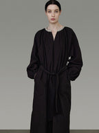 unspoken Cotton Loose Waist Minimalist V-neck Long Sleeve Casual Black Maxi Dresses