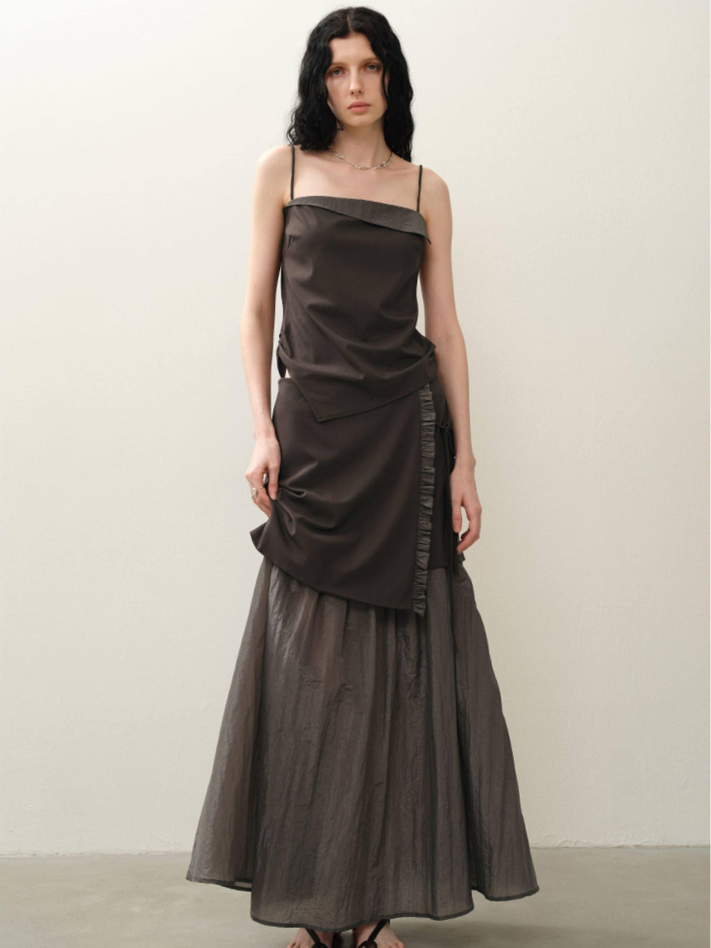 someonesometimes Original Coffee Viscose Blend Loose Camisole Midi Skirt Women Top & Skirt Sets