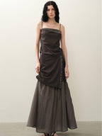 someonesometimes Original Coffee Viscose Blend Loose Camisole Midi Skirt Women Top & Skirt Sets