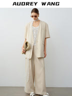 audreyyang Elegant Lace Natural Waist Office Loose Womens White Linen Blend Wide Leg Pants