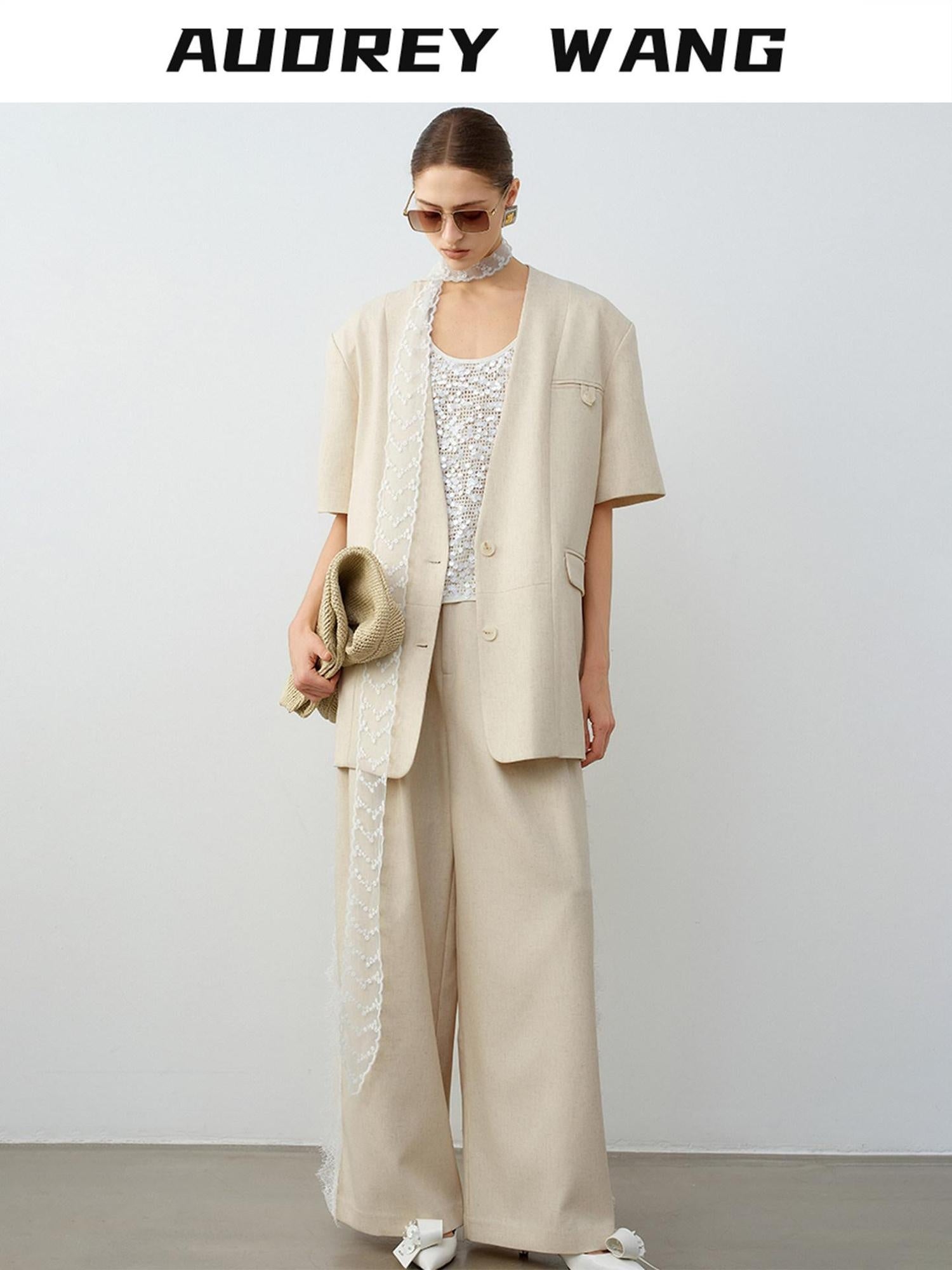 audreyyang Elegant Lace Natural Waist Office Loose Womens White Linen Blend Wide Leg Pants