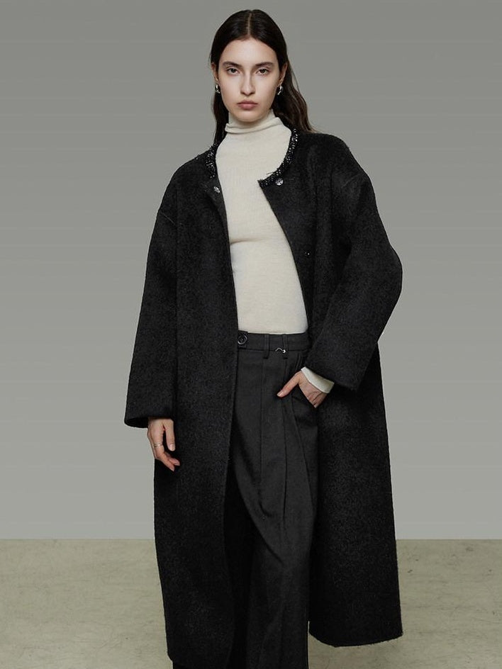 unspoken Heavyweight Lambswool Blend Minimal Commuter Loose Longline Black Wool Coats