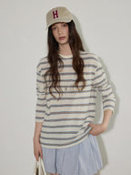 Lofi choose Polyester Blend Colorblock Blue Stripe Relaxed Crew Neck Long Sleeve T-Shirts