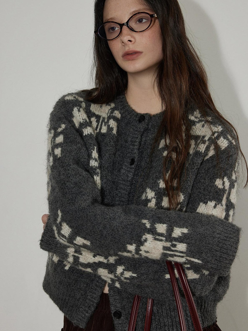 Lofi choose Cozy Thick Printed Wool Blend Relaxed Oversized Women Crewneck Cardigans