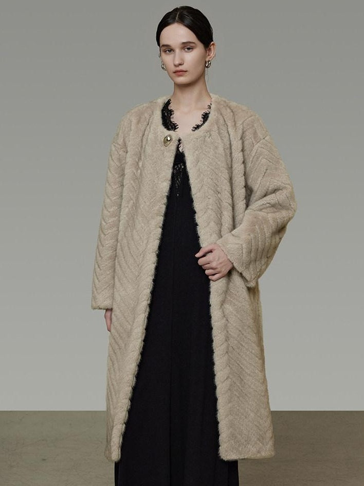 unspoken Warm Thick Beige Loose Fit Collarless Mid Length Commuter Women Long Coats