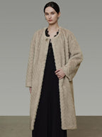 unspoken Warm Thick Beige Loose Fit Collarless Mid Length Commuter Women Long Coats
