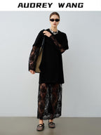 audreyyang Lace Trim Cotton Loose Aline Skirt Short Sleeve Casual Women Top & Skirt Sets