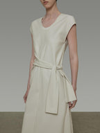 unspoken Cotton Blend Tie Waist Minimalist Commuter Short Sleeve U Neck Maxi Dresses