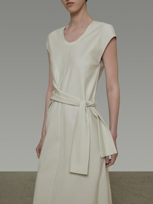 unspoken Cotton Blend Tie Waist Minimalist Commuter Short Sleeve U Neck Maxi Dresses