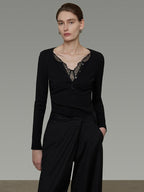 unspoken Viscose Knit Casual Slim Lace Trim Women V-neck Long Sleeve Black Blouses