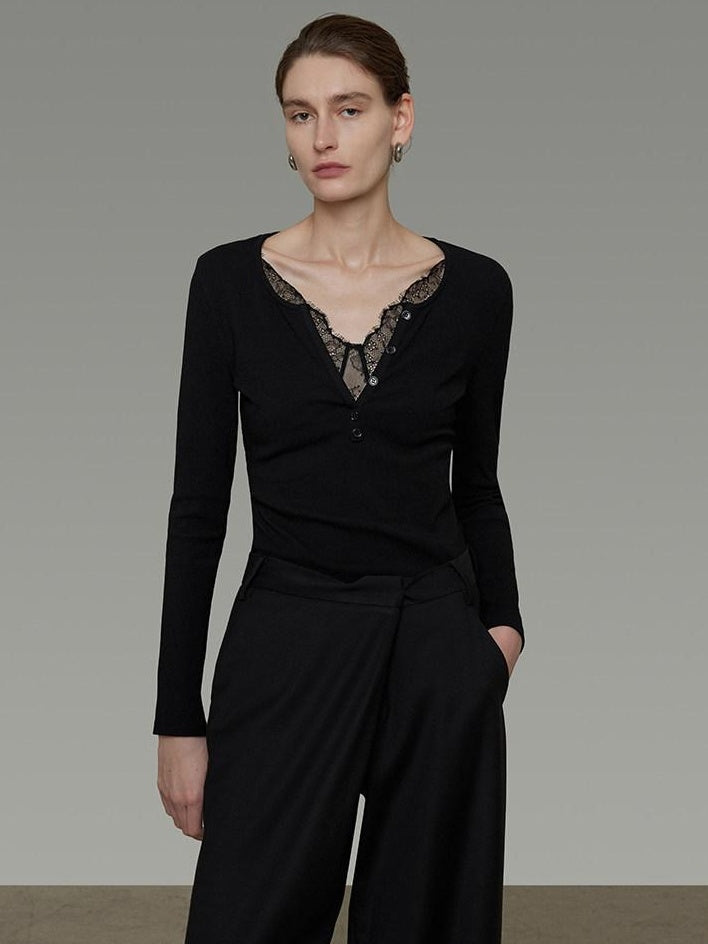 unspoken Viscose Knit Casual Slim Lace Trim Women V-neck Long Sleeve Black Blouses