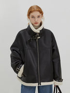 fano Thick Loose Fit Commuter Viscose Zipper Women Black Leather Jackets
