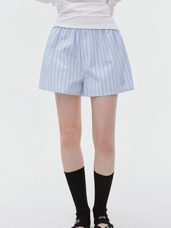 fano Elastic Waist Minimal Commuter Straight Cotton Blend Mist Blue Mid-Length Shorts