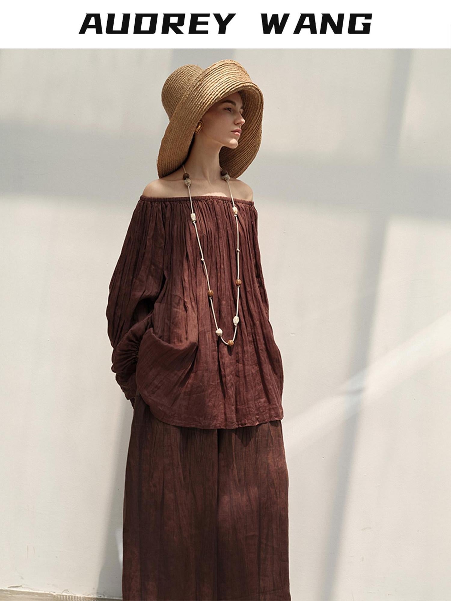 audreyyang Linen Long Sleeve Vintage Loose Round Neck Dusty Rose Women Top & Skirt Sets