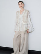 audreyyang Linen Blend V-neck Vest Trousers Solid Minimal Original Design Top & Pants Sets